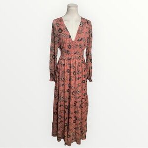 Patrons of Peace Pink Floral Long Sleeve Dress Smocked Waist Boho  Vacation M